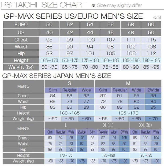 RS Taichi GP-Max Suit Size Chart