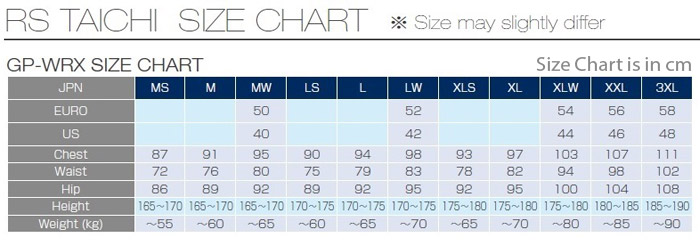 RS Taichi GP-WRX Suit Size Chart