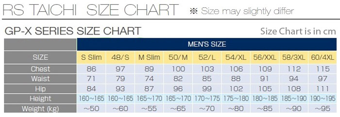RS Taichi GP-X Suit Size Chart