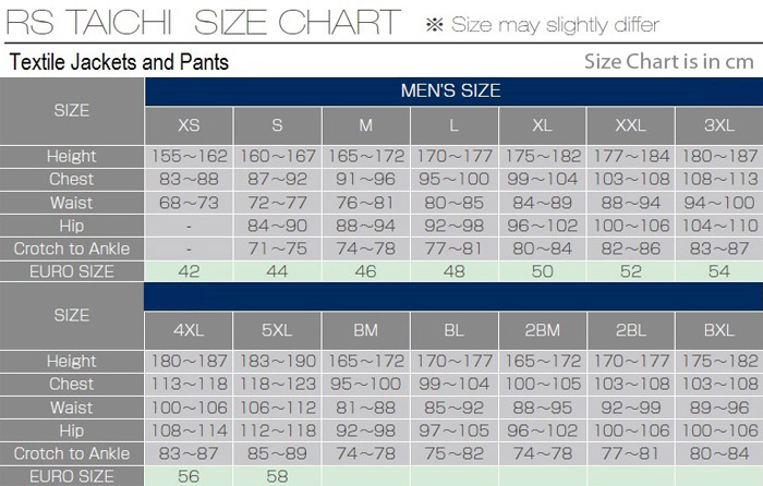 RS Taichi Textile Jackets and Pants Size Chart
