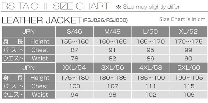 RS Taichi RSJ826/830 Leather Jacket Size Chart