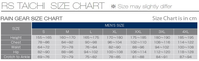 RS Taichi Rain Gear Size Chart