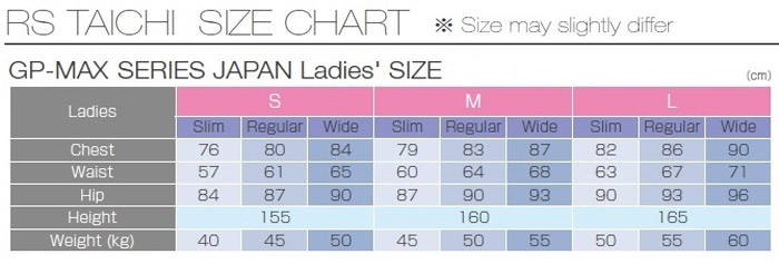 RS Taichi GP-Max Women's Race Suit Size Chart