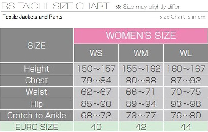 RS Taichi Women's Textile Jacket and Pants Size Chart
