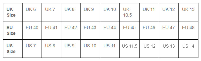 RST Men's Boots Size Chart