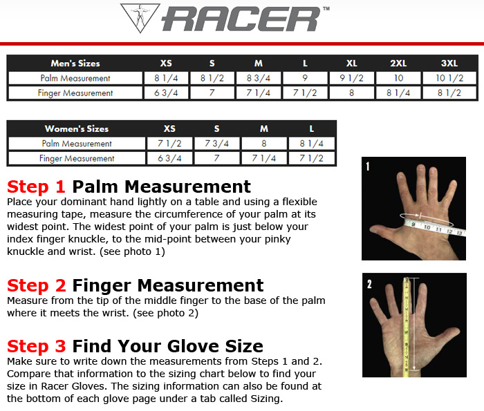 Racer Gloves Size Chart