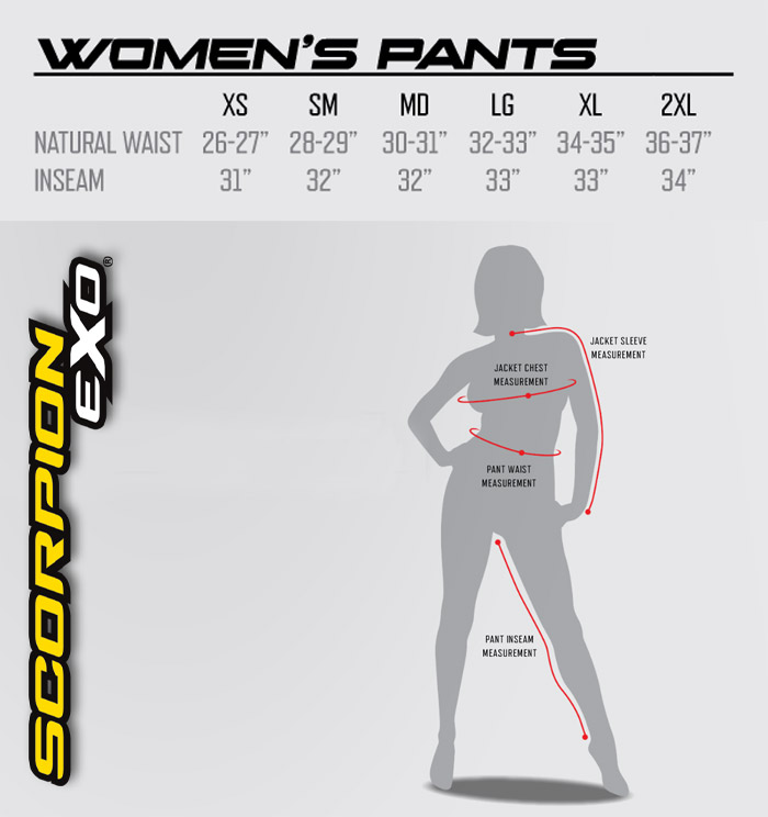 Scorpion Women's Pants Size Chart