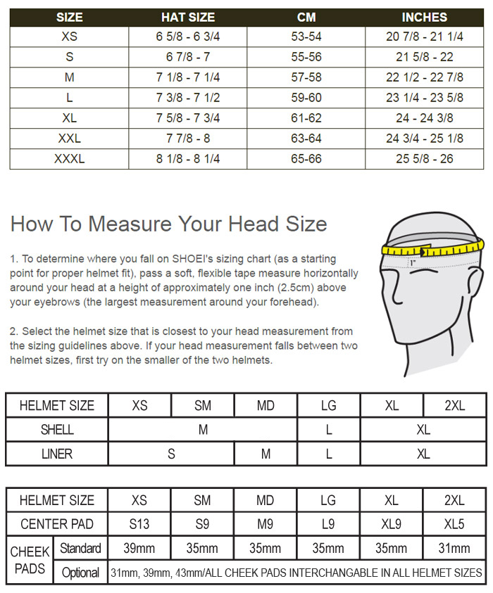 Shoei Helmet Size Chart