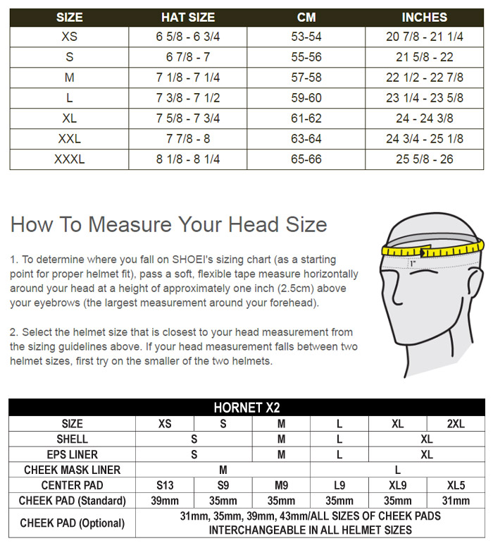 Shoei Hornet X2 Helmet Size Chart