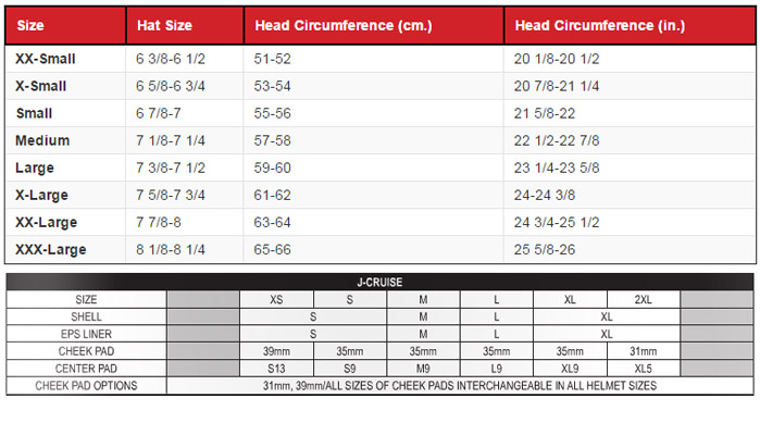 Shoei J-Cruise Helmet Size Chart