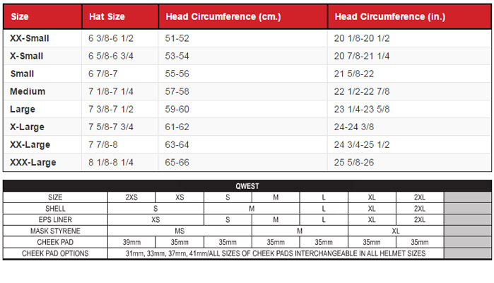 Shoei Qwest Helmet Size Chart