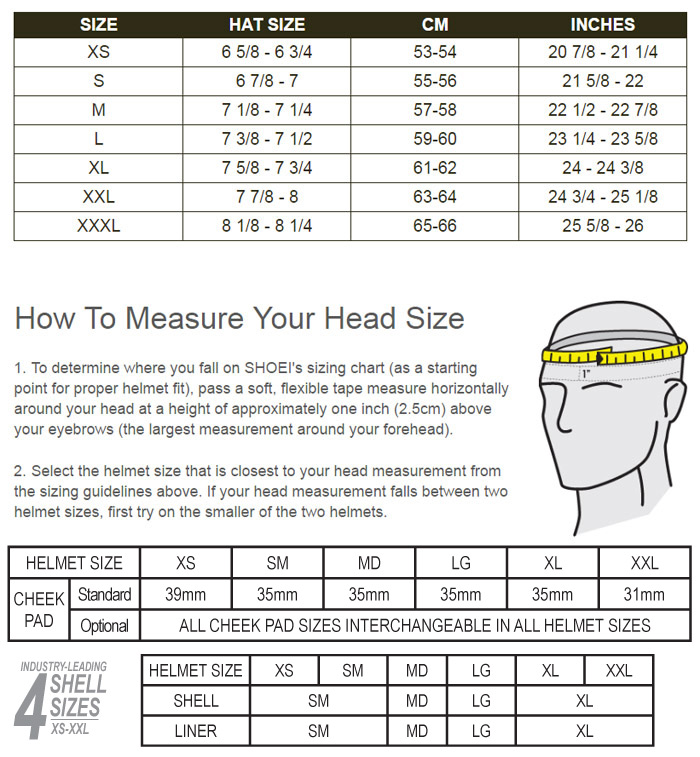 Shoei RF-1200 Helmet Size Chart