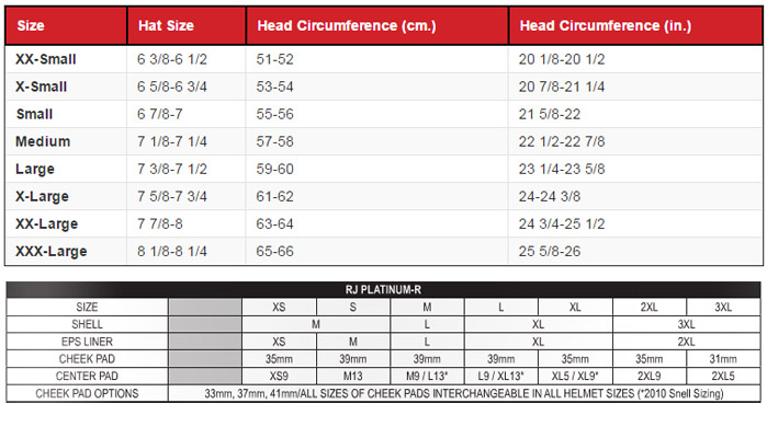 Shoei RJ Platinum R Helmet Size Chart
