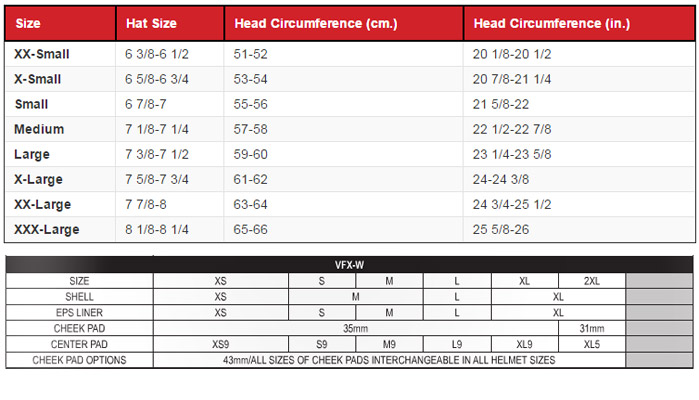 Shoei VFX-W Helmet Size Chart
