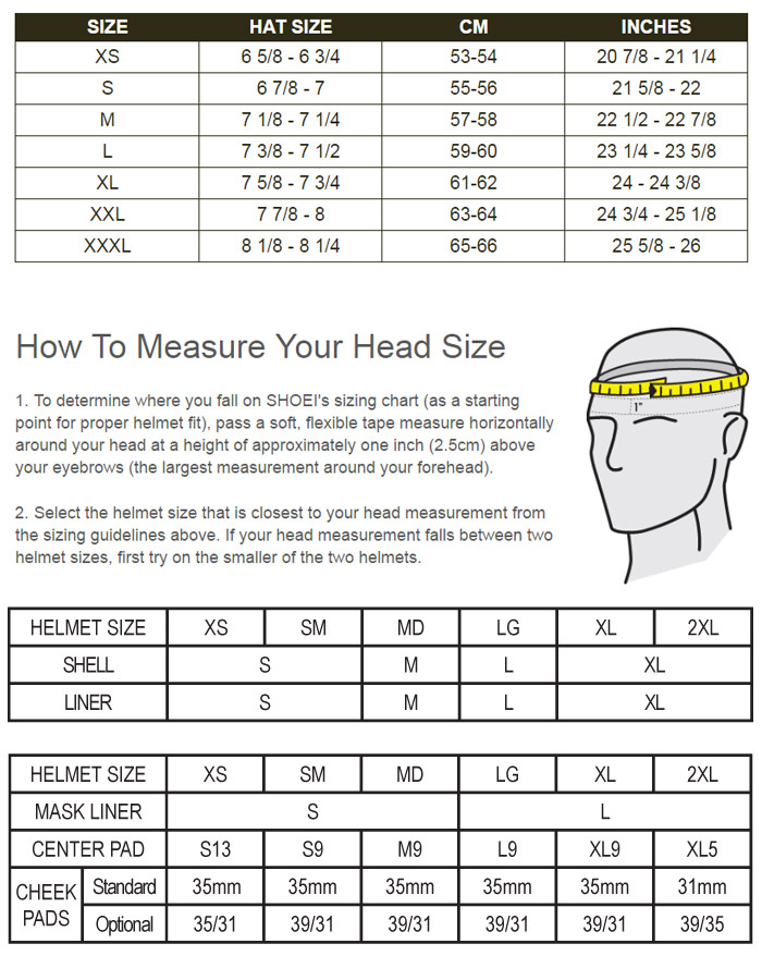 Shoei X-Fourteen Helmet Size Chart