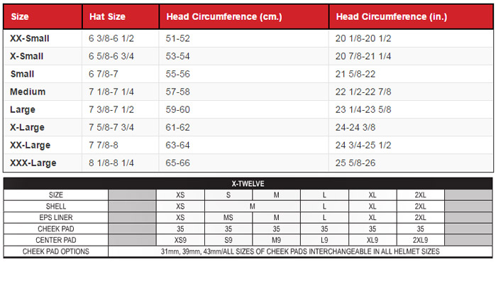 Shoei X-Twelve Helmet Size Chart