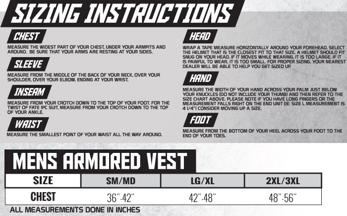 Speed and Strength Armored Vest Size Chart