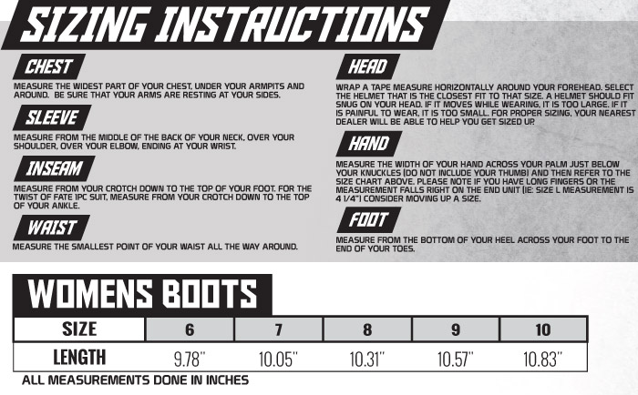 Speed and Strength Women's Boots Size Chart