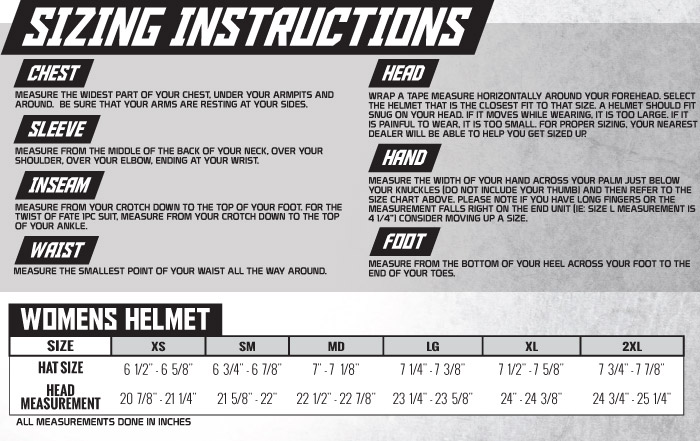 Speed and Strength Women's Helmets Size Chart