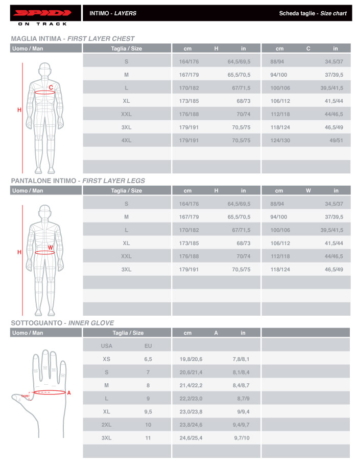 Spidi Base Layers Size Chart