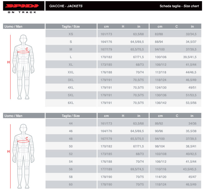 Spidi Jackets Size Chart