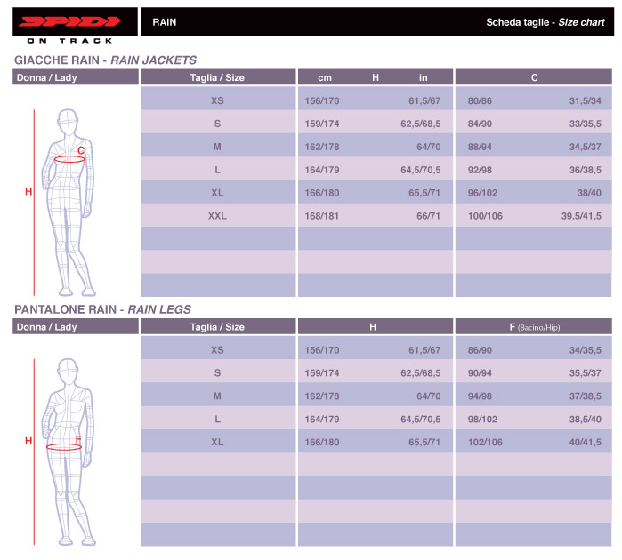 Spidi Women's Rain Wear Size Chart