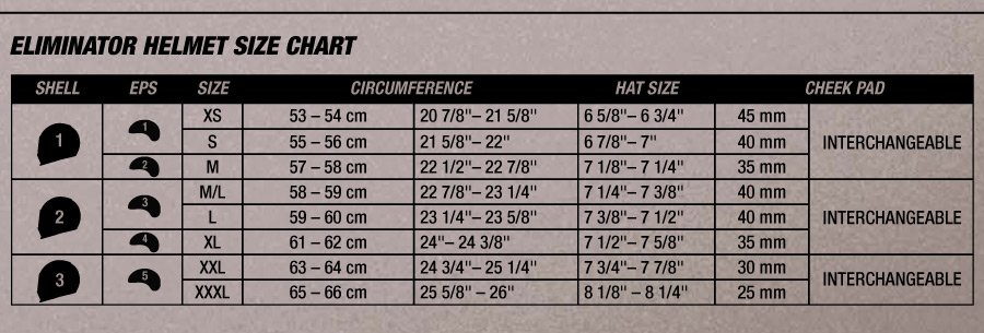 Bell Eliminator Helmet Size Chart