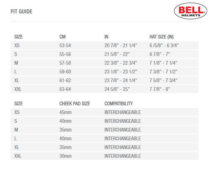 Bell Moto 3 Helmet Size Chart