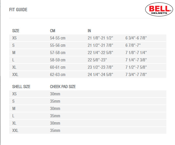 Bell RS-2 Helmet Size Chart