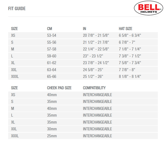 Bell SRT Helmet Size Chart