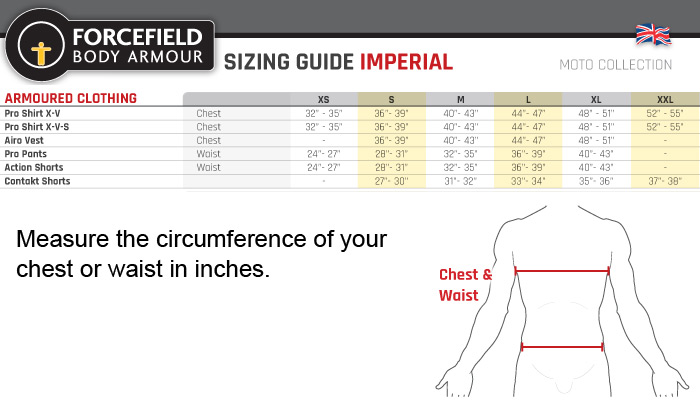 Forcefield Armored Clothing Size Chart