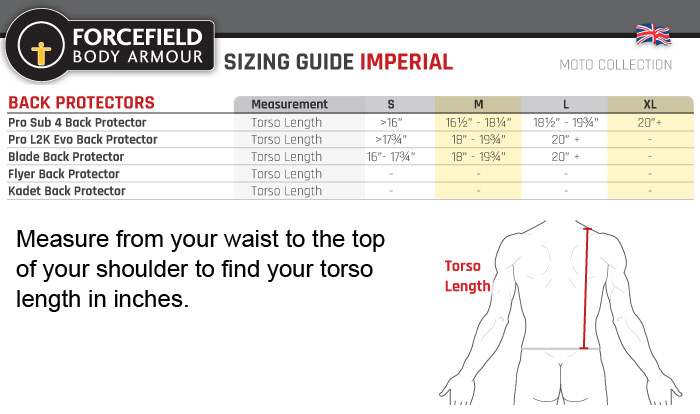 Forcefield Back Protector Size Chart